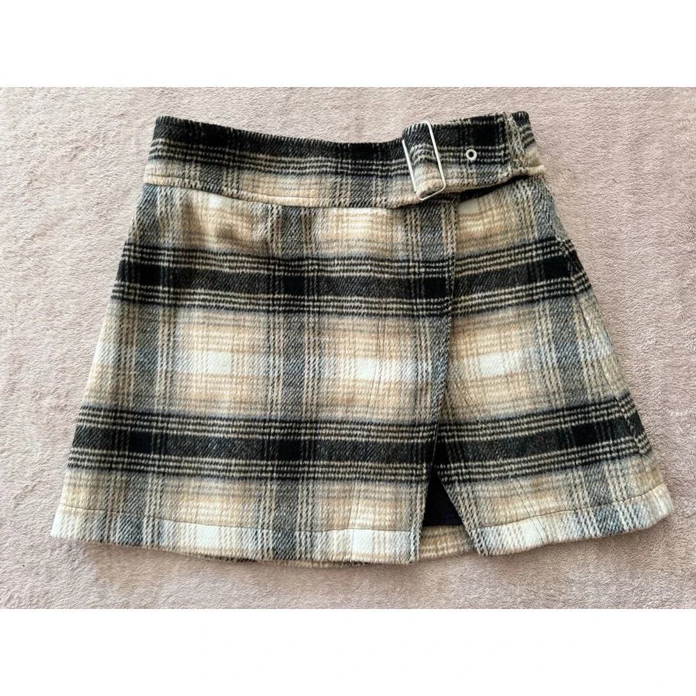 Free People Women's Ari Wrap Skirt Beige Black Plaid Mini‎ Belted Wool Size 2